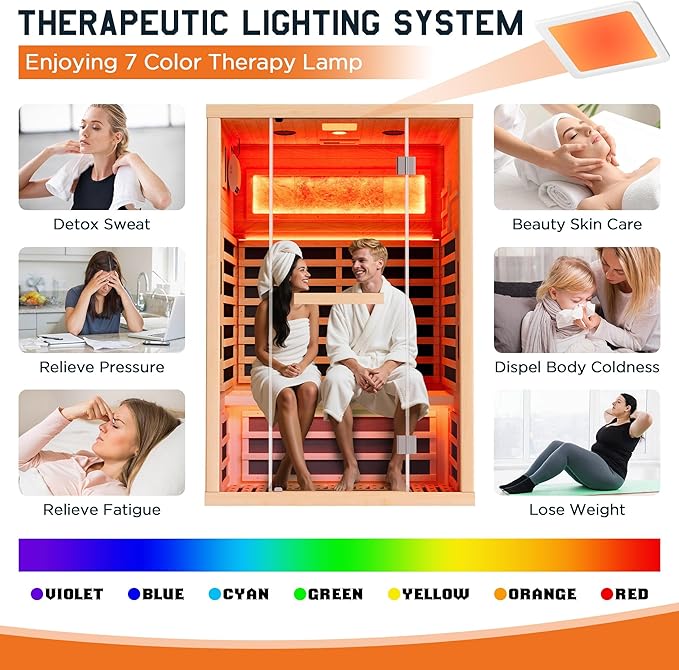 Albott Infrared Sauna 2 Person, Infrared Saunas for Home, Low EMF 1463W/110V Hemlock Wood Dry Sauna with Tourmaline Foot Warmer, 7-Color Light Therapy & Salt Crystal Bricks, 47.2"x34.2"x70.9"