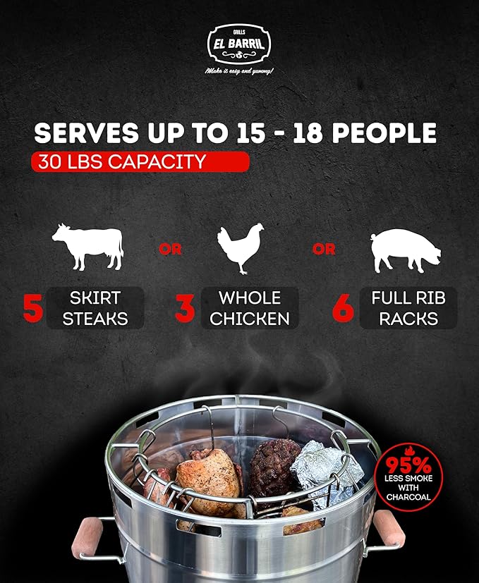 El Barril Lite Medium Barrel Smoker Grill, Stainless Steel 430, 30 lb Capacity, 12 Meat Hooks, Upper Grill and Handler, Portable Charcoal BBQ (Lite 30LBS Medium)