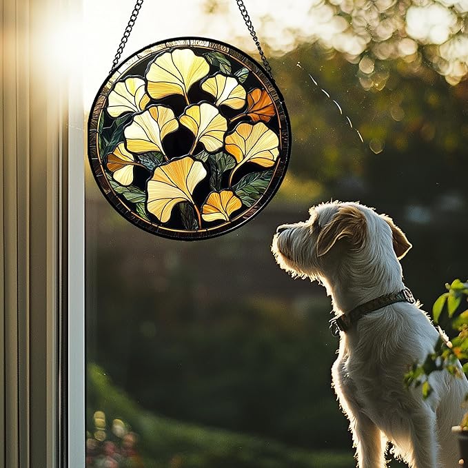 CRISGIF Stained Glass Window Hanging - Ginkgo Leaf Suncatcher for Doors Garden Patio Retro Fall Decor Sun Catchers Christmas Mother's Day Birthday Gifts for Women Men Mom Nana Friend 11.8 in