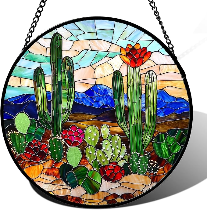 DASTOLL Stained Glass Window Hanging, Green Cactus Suncatcher for Doors Window Home Plant Landscape Sun Catchers Decoration Mother's Day Birthday Gifts for Women, Men, and Mom 7.8 in