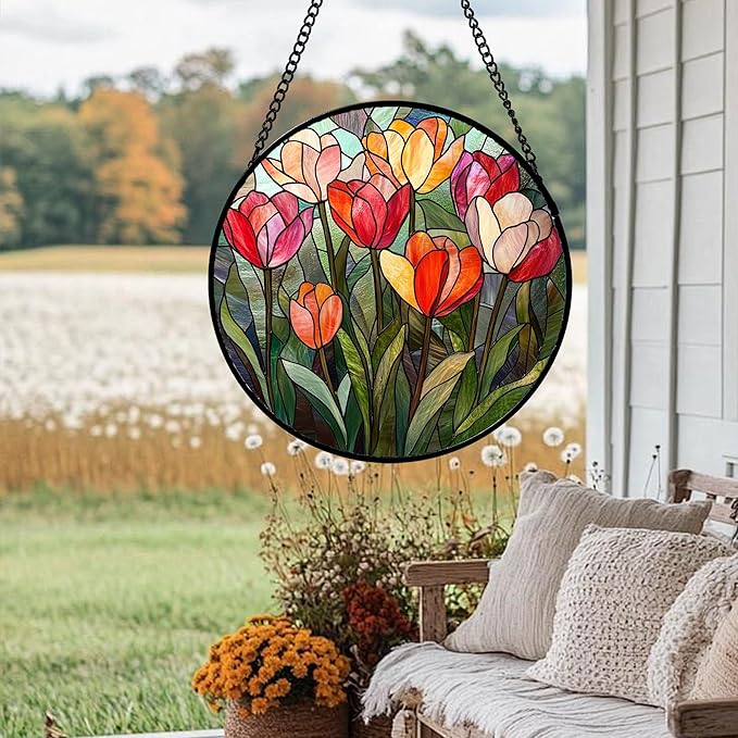 QZQCBLC Stained Glass Window Hanging Red and Pink Tulips 7.8" - Plant Suncatcher Door Garden Flower Sun Catcher Home Decor Birthday Christmas for Mom Woman Wife Friend Nana