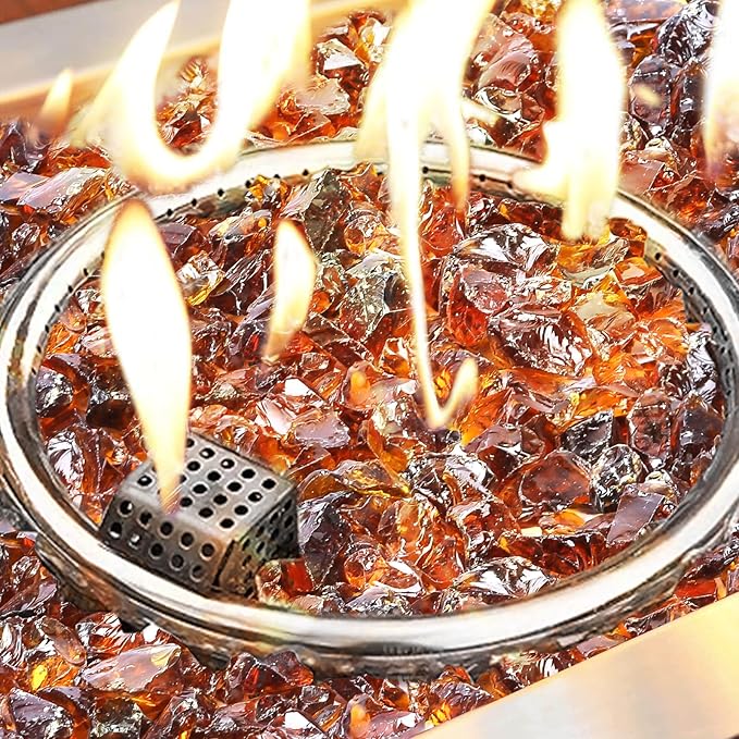 GRISUN Amber Fire Glass for Fire Pit - 1/2 Inch Tempered Glass Rocks for Natural or Propane Fireplace, Safe for Outdoors and Indoors Firepit Glass, 10 Pounds