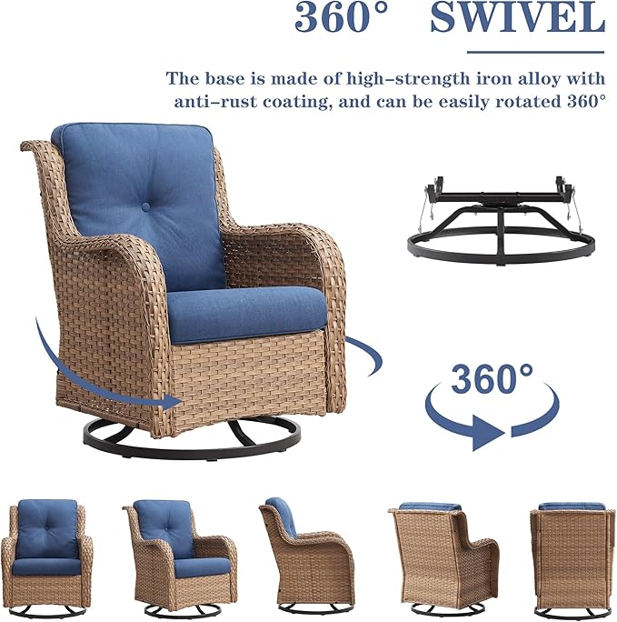Belord Outdoor Swivel Rocker Patio Chairs - 360 Degree Swivel Glider Seating 350LBS Weight Capacity Wicker Rocking Chairs Set of 2 with Removable Cushion for Porch Balcony Deck, Yellow/Blue