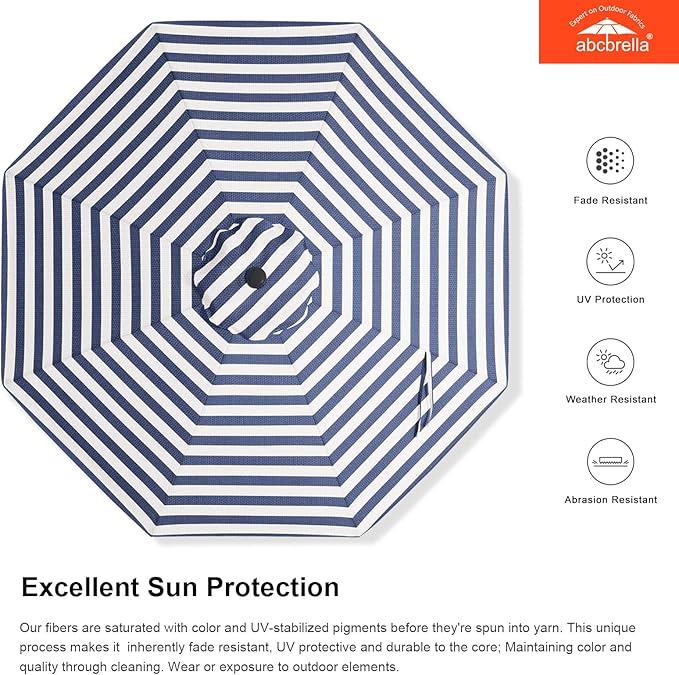 ABCCANOPY OLEFIN® 5-Year No Fading 9FT Patio Umbrella, Outdoor Table Umbrella with 8 Sturdy Ribs for Deck, Backyard, Yard (Navy Stripe)