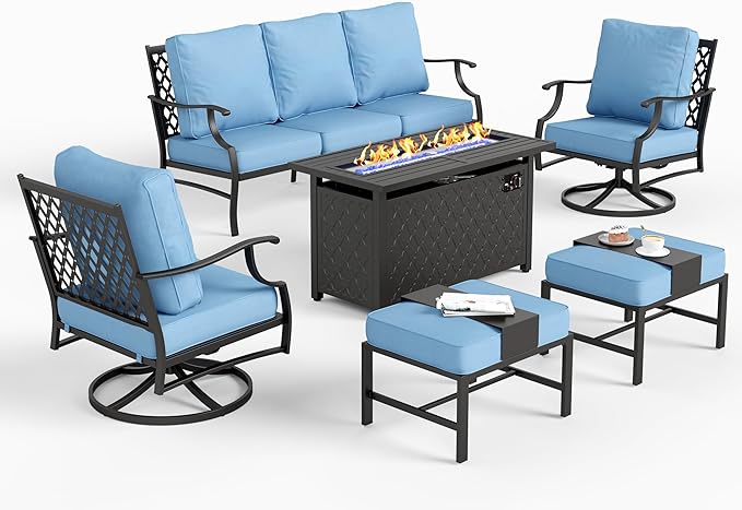 SUNSHINE VALLEY 6 Piece Metal Outdoor Patio Furniture Set with Firepit Table, Patio Conversation Set 1 3-seater Sofa, 2 Swivel Chair, 2 Ottoman with 5.75" Thick Cushion, Black Backyard Furniture, Blue