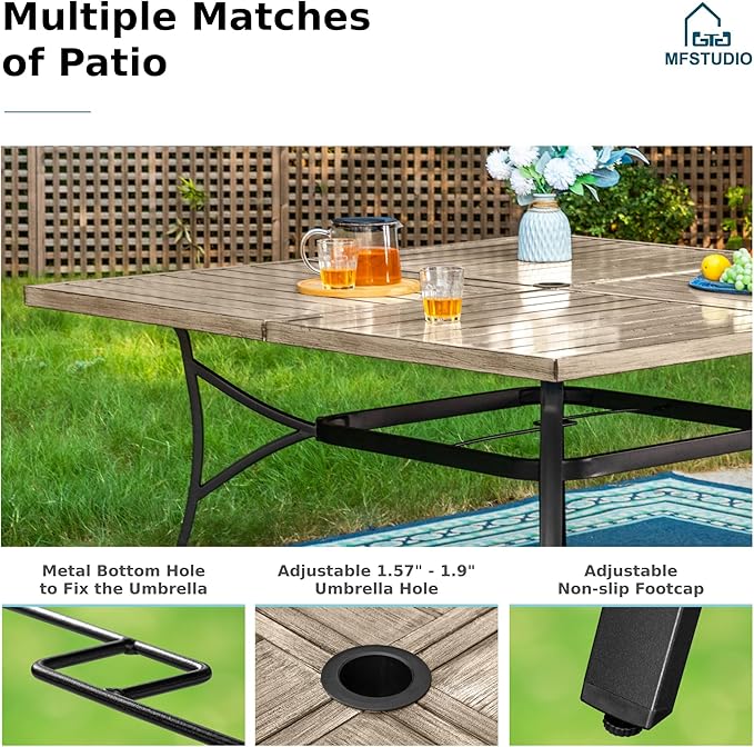 MFSTUDIO 60" Square Metal Outdoor Dining Table, Large Patio Furniture 8 Person Table with 1.57" Umbrella Hole for Deck,Backyard,Lawn,Garden(Brown)
