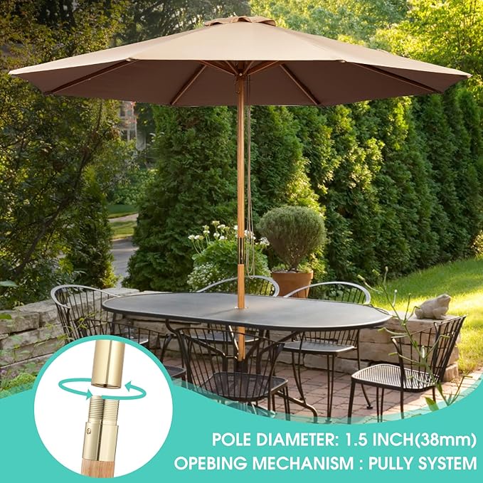 9ft Bamboo Umbrella, Outdoor Patio Umbrella, Waterproof Market Umbrella, 8 Ribs Table Umbrella with Pulley Lift for Garden, Deck, Pool, lawn, Backyard