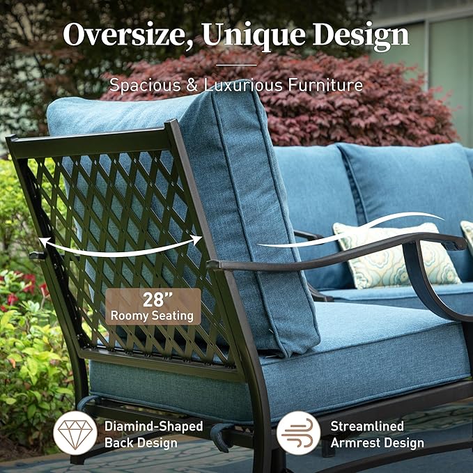 SUNSHINE VALLEY 4 Piece Metal Outdoor Patio Furniture Sets with 5000 BTU Firepit Table, Patio Conversation Sets 1 3-seater Sofa, 2 Swivel Chair with 5.75" Thick Cushion, Black Backyard Furniture, Navy