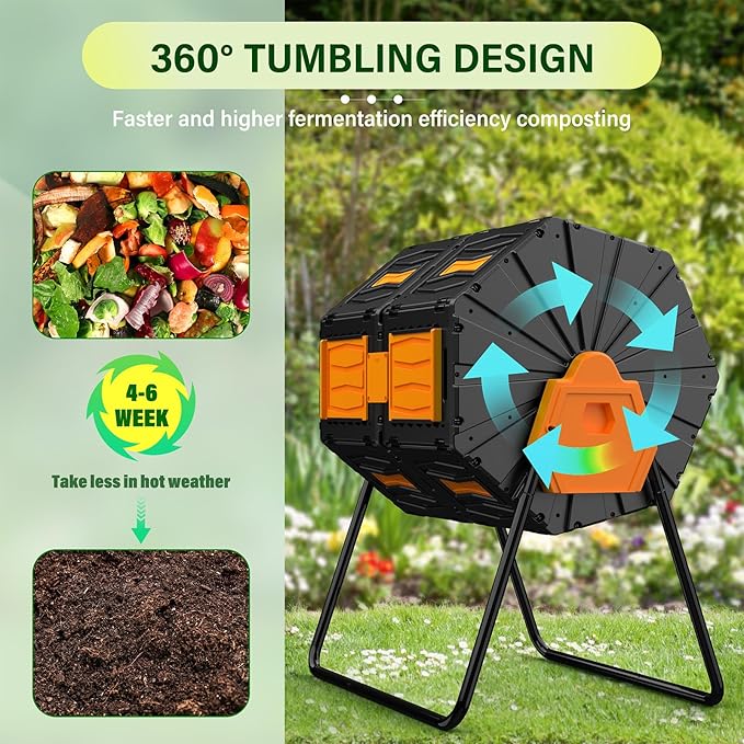 AACULPET Compost Bin Outdoor 45 Gallon, BPA-Free Dual Chamber Rotating Composter for Kitchen Waste, Heavy-Duty Fast Compost Tumbler Great Sustainable Gift for Winter Garden Yard & Spring Ready Soil