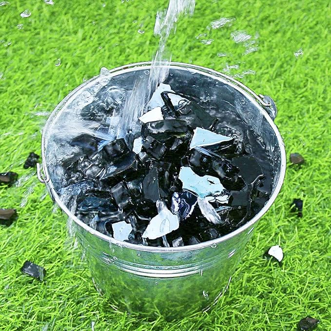 GRISUN Onyx Black Fire Glass for Fire Pit, 20 Pounds 1/2 Inch High Luster Reflective Tempered Glass Rocks for Natural or Propane Fireplace, Safe for Outdoors and Indoors Firepit Glass