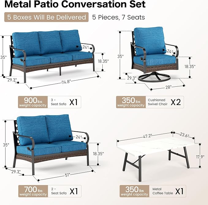 SUNSHINE VALLEY 5 PCS Metal Outdoor Patio Furniture Set, Patio Conversation Set with 1 3-Seater Sofa, 2 Swivel Sofa, Coffee Table - Black & Blue