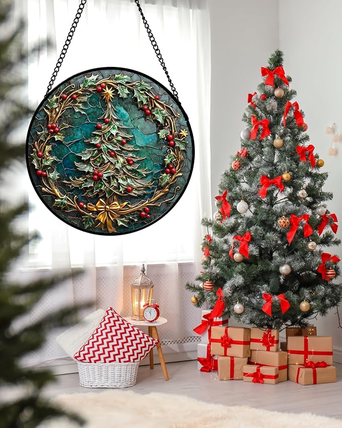 DASTOLL Stained Glass Window Hangings - Red Gold Green Wreath Suncatcher for Door Home Christmas Tree Decoration Sun Catcher Thanksgiving New Year Birthday Gift for Women Men Mom Grandma 6.3 in