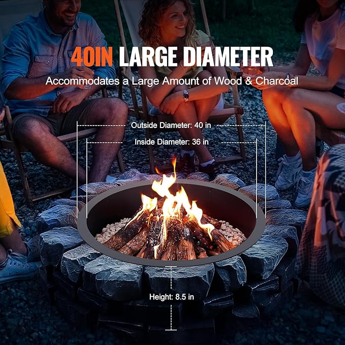 VEVOR Fire Pit Ring, 40-Inch Outer/36-Inch Inner Diameter, 8.5inch Height Fire Pit Insert, Heavy Duty Carbon Steel Liner DIY Campfire Ring Above or In-Ground, for Outdoor Camping, Bonfires