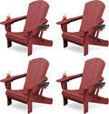 KINGYES Folding Adirondack Chair Set of 4, Dual Cup Holders & All-Weather HDPE, Wood-Like Patio Chair for Backyard, Camping, Pool & Fire Pit, Dark Red