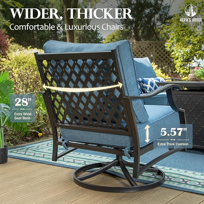 HERA'S HOUSE 5 Pieces Fire Pit Patio Furniture Set, 4 x Thick Cushioned Swivel Chairs with 28" Fire Pit Table (50,000 BTU), Outdoor Conversation Set for Garden Backyard Lawn, Navy Blue