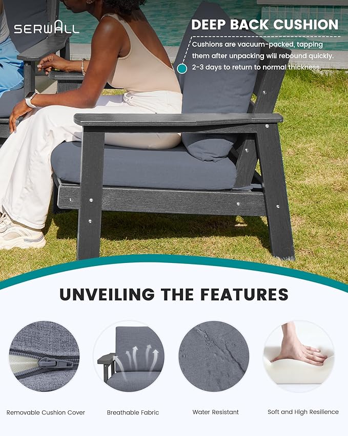 SERWALL HDPE Patio Furniture Set with 15FT Double Side Patio Umbrella, All Weather Wood-Like Outdoor Sofa Sectional Couch, Grey Patio Furniture with Grey Cushions