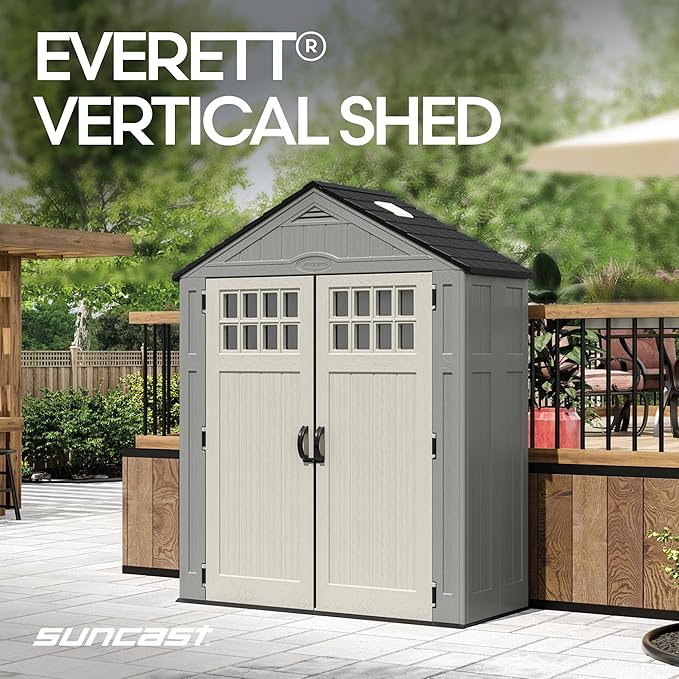 Suncast Everett 6x3 ft Vertical Storage Shed - Resin Plastic Outdoor Garden Shed with Floor, Windows, Skylight & Lockable Double Doors. Slim Yard Storage for Utility Tools & Backyard Equipment