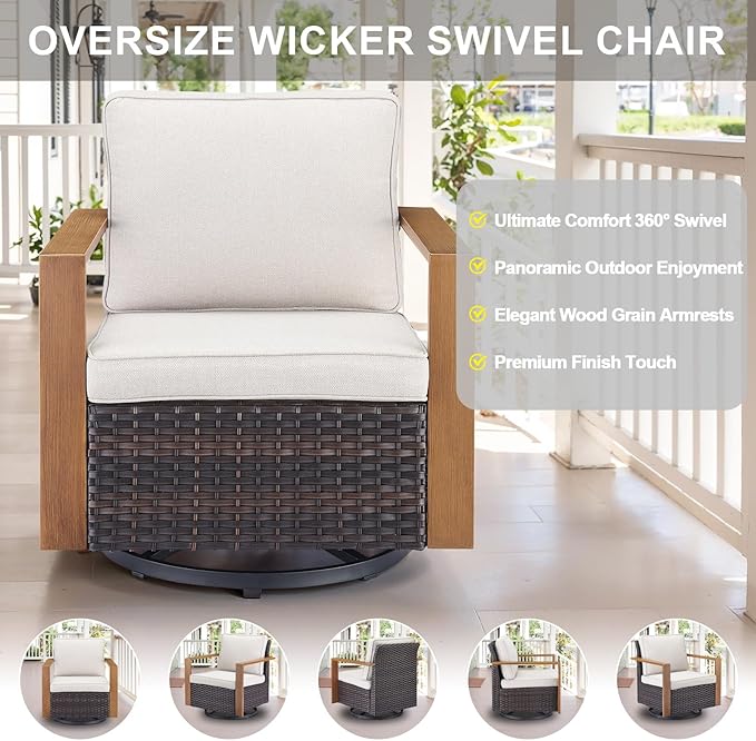 Belord Social 5 Pieces Patio Furniture Set - Swivel Rocker Glider Outdoor Chairs Set of 4 with 50000BTU Propane Fire Pit Table, Durable Wicker Outdoor Conversation Set for Casual Gathering