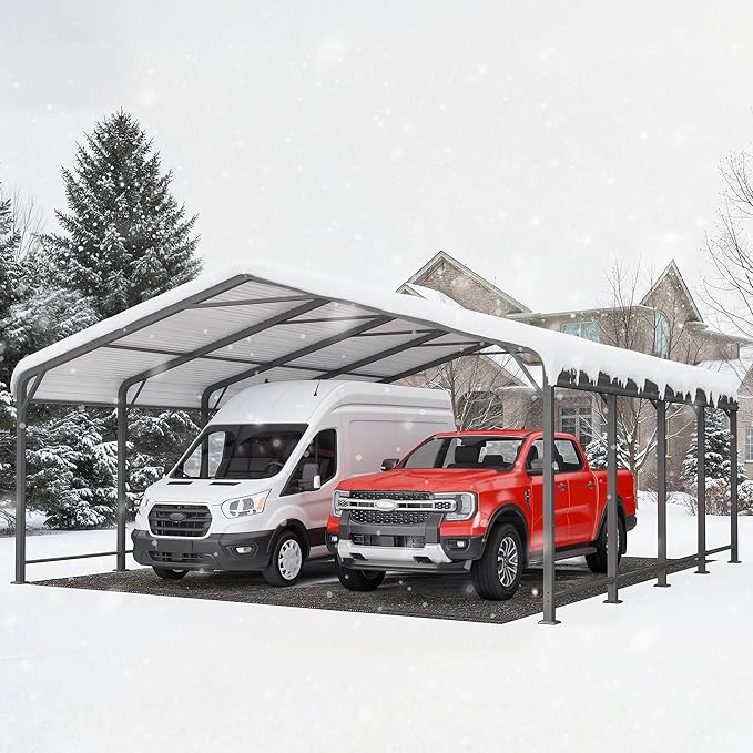 20x20 FT Metal Carport for 2 Cars, Heavy Duty Canopy Carport with Updated Roof & Enhanced Base, Garage Vertaile for RV Car, Truck, Boat, Tractors, Party, Grey