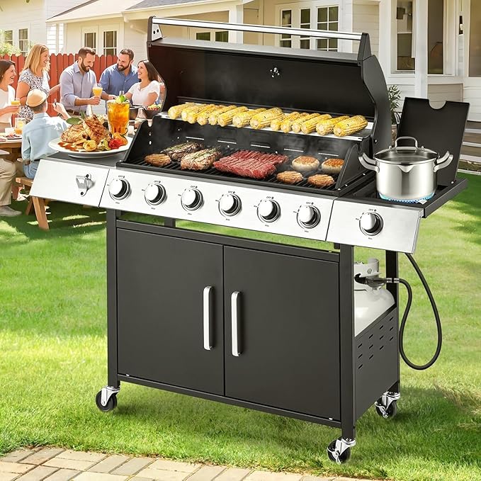MELLCOM Upgraded 60,000 BTU Stainless Steel Burner Barbecue Grill, 6 Burner BBQ Propane Gas Grill with Side Stove & Cast Iron Grates for Patio, Camping, Outdoor Cooking