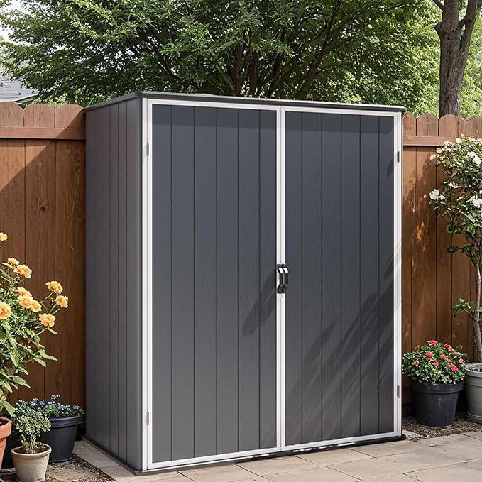 Patiowell Outdoor Storage Shed 5x3 FT, Plastic Garden Organizer Cabinet with Lockable Doors & Strong Roof for Patio Furniture, Pool Accessories, Lawn Tools, Dark Grey