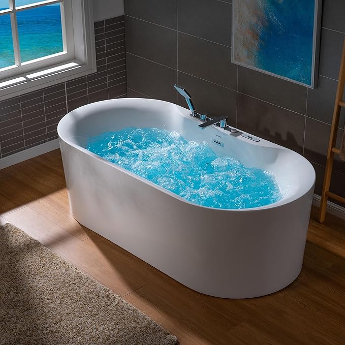 WOODBRIDGE 72" x 35-3/8" Whirlpool and Air Bath Heated Soaking Combination Tub with Adjustable Speed Air Blower, Tub Filler and Display Control Panel, White,BJ-600+F0041