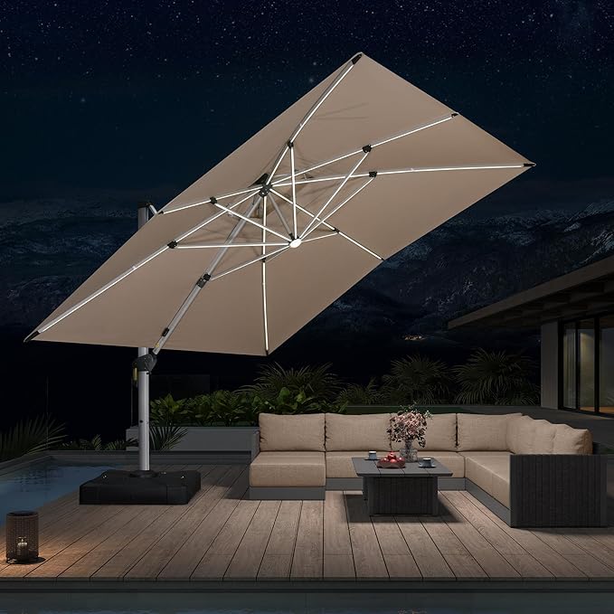 PURPLE LEAF 12' X 12' Solar Powered LED Patio Large Umbrella Offset Double Top Hanging Umbrella Outdoor Market Umbrella for Garden, Deep Beige
