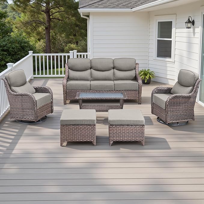 Rilyson Wicker Outdoor Patio Furniture Set - 6 Piece Patio Conversation Sets with Swivel Rocker Chairs, Ottomans, Sofa and Table, 6 inch Cushions, Deep Seating, for Porch Deck Brown/Beige