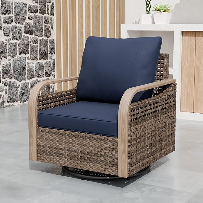 EAGLE PEAK Modern Wicker Outdoor Glider Rocking Chair, Swivel Rocker, Rattan Patio Furniture for Yard Deck Porch Garden, 1 Chair, Brown/Blue