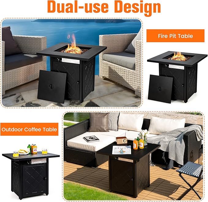 Tangkula 28 Inches Outdoor Propane Fire Pit Table, Patiojoy 50,000 BTU Patio Gas Fire Pit Table, 2-in-1 Square Auto-Ignition Fire Table with Lid and Lava Rocks for Backyard, Party