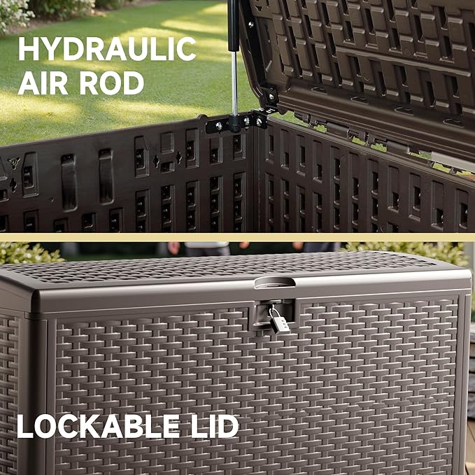 150 Gallon Deck Box, Double Layer Waterproof Resin Outdoor Indoor Storage Box, Lockable & UV Resistant Storage Bin for Patio Furniture, Garden Tools, Pool Accessories (Brown)