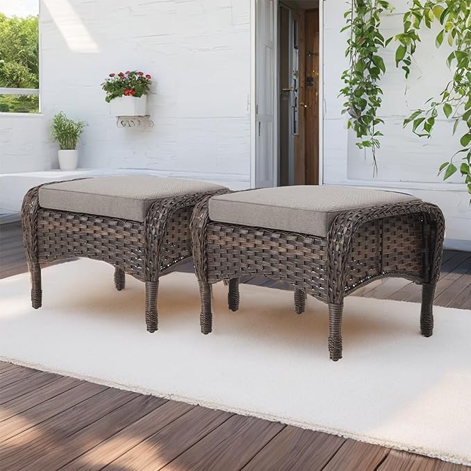 HUMMUH 5 Pieces Wicker Patio Furniture Set,Outdoor Swivel Gliders Rocker,Patio Ottomans,Glass Top Side Table,Outdoor Conversation Set for Porch Deck Backyard Poolside