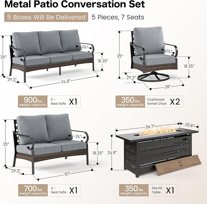 SUNSHINE VALLEY 5 Piece Metal Outdoor Patio Furniture Sets with Firepit Table, Patio Conversation Sets 1 3-Seater Sofa, 1 2-Seater Loveseat, 2 Swivel Chair with 5.75" Cushion for Backyard Deck, Gray