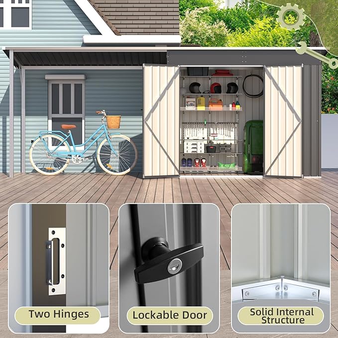 AECOJOY Outdoor Open-Sided Storage Shed Metal Shed, 8x4 Sheds & Outdoor Storage with 56 Sq. Ft Covered, 4'x8' 2-in-1 Tool Shed with Attached Hardtop Metal 6‘x4’ Gazebo
