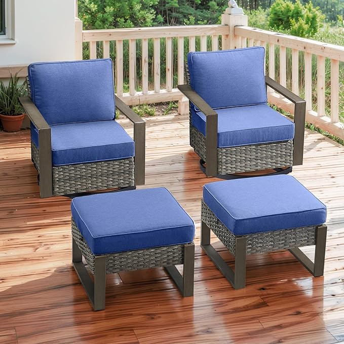 Rilyson Outdoor Wicker Patio Furniture Set - 4 Piece Patio Conversation Set with 2 Wicker Swivel Rocker Chairs,2 Rattan Ottoman, Thick Cushions, Deep Seating, Wide Armrest(Mixed Grey/Blue)