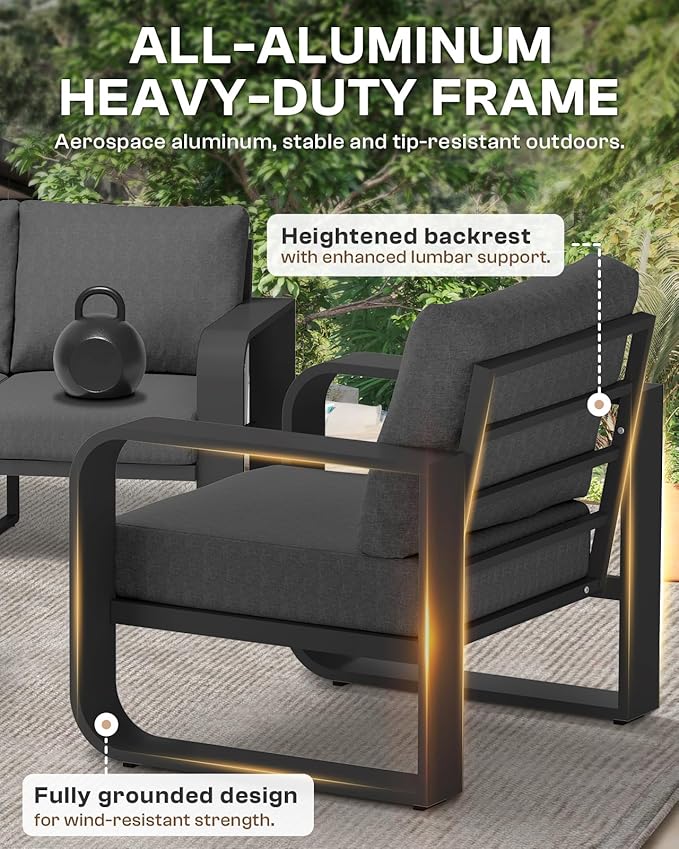 Oasbira Aluminum Outdoor Patio Furniture Set, 4 Piece Oversized Patio Conversation Sets Widened Armrest & Ultra-Thick Cushions, Heavy Duty Modern Sectional Furniture for Backyard, Deck, Graphite