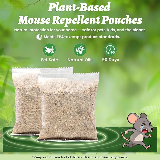 Rodent Repellent Pouches, 12 Pack Peppermint Oil Mouse Repellent for Home & Car, Natural Rodent Defense for Mice, Rats, Squirrels, RVs, Garage, Kitchen & Basement