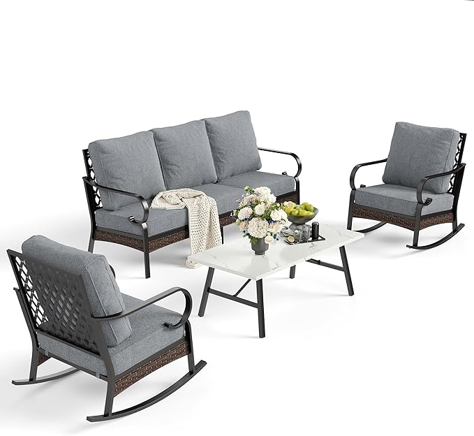 SUNSHINE VALLEY 4 PCS Metal Outdoor Patio Furniture Set, Patio Conversation Sets 1 3-Seater Sofa, 2 Rocking Chairs with 5.75" Extra Thick Cushion & Coffee Table, Black Frame Backyard Furniture, Gray