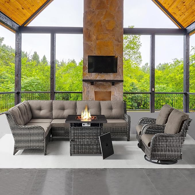 Belord Outdoor Sectional Sofa Furniture Set with Propane Fire Pit Table, Wicker Patio Conversation Set with 2 Swivel Glider Rocker Chairs Grey Cushion Perfect for Backyard Casual Gathering