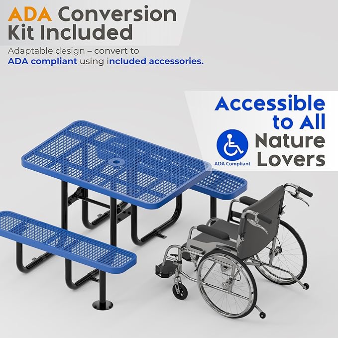 Commercial Heavy-Duty Metal Picnic Table - ADA Compliant, Adjustable Seats, Umbrella Hole, Expanded Metal (Blue, 4' Rectangular)