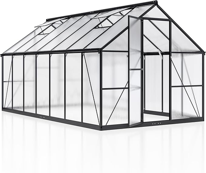 8x14 FT Green House for Outdoors, Quick Setup Polycarbonate Greenhouse with Roof Vent, Aluminum Large Walk-in Greenhouse for Outside Garden Backyard, Black