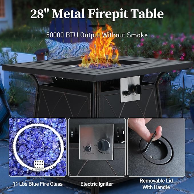 SUNSHINE VALLEY Patio Furniture Set with Firepit Table, 5 Piece Metal Outdoor Patio Furniture set for 4, 4 Single Chairs with 5.75" Extra Thick Cushion and Gas Firepit Table for Backyard Poolside Deck