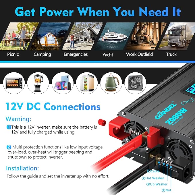 2000 Watt Pure Sine Wave Power Inverter 2000W 12V DC to 120 V AC Lithium Battery Compatible for RVs Off Grid Solar Boat Camper Starlinks System with 20Amps Hardwire Block and USB-C PD30W by GIANDEL