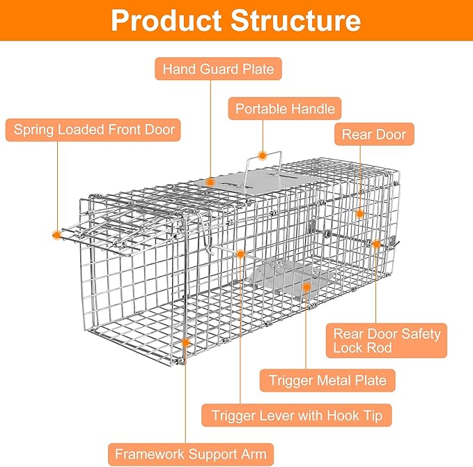 Humane Animal Cage Trap - Collapsible Galvanized Steel Live Cage Trap for Raccoons, Groundhogs & Stray Cats, 24"x8"x7", Indoor/Outdoor Use (Catch & Release)