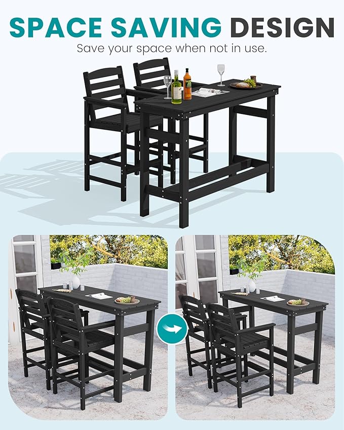 SERWALL Outdoor Bar Set - 2 Adirondack Bar Chairs & Bar Height Table with 1.6" Umbrella Hole, All-Weather HDPE Patio Furniture for Poolside, Backyard, Garden - Black