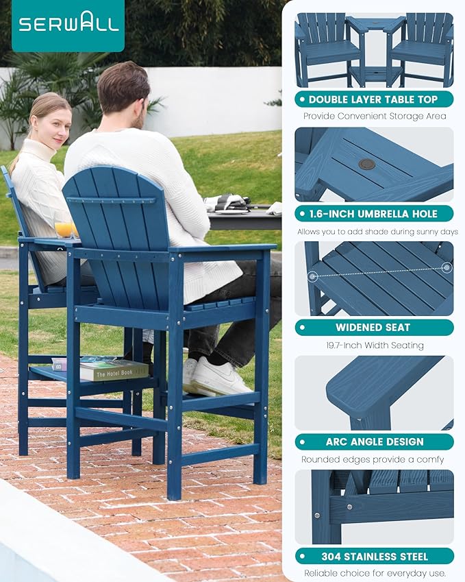 SERWALL Tall Adirondack Chairs Set of 4 with Double Layer Connecting Tray, HDPE Bar Height Outdoor Chairs, Wood-Like Adirondack Bar Stools for Patio, Balcony, Porch, Blue