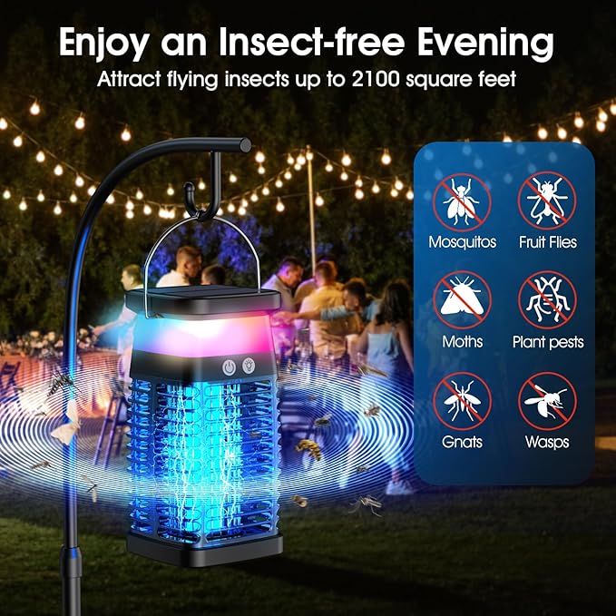Bug Zapper Outdoor Indoor Mosquito Zapper Solar Fly Zapper Rechargeable Electric Mosquito Killer IP68 Waterproof Insect Fly Trap Plug in with RGB Light & Reading Lamp for Patio Camping Home Backyard