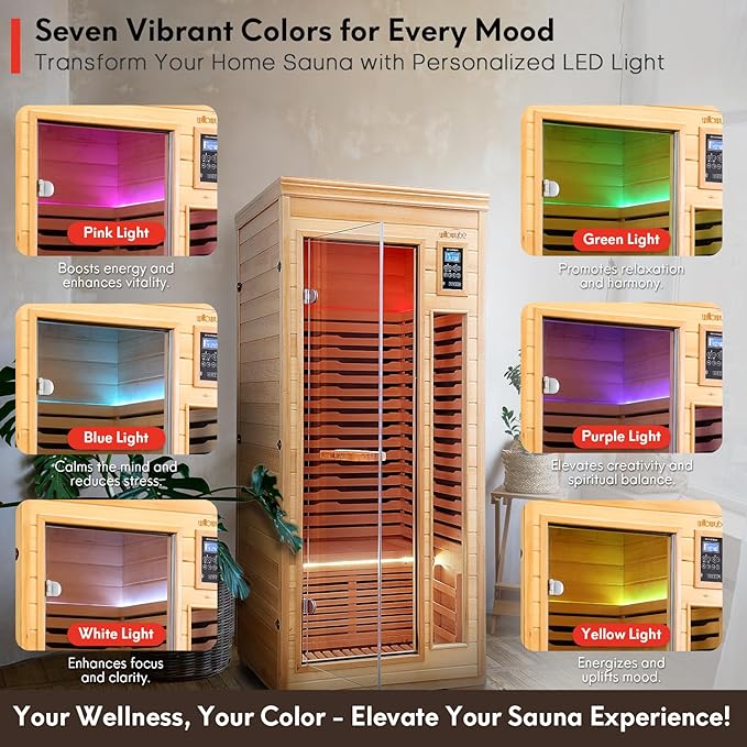 WILLOWYBE Infrared Home Sauna with Advanced Heating Panels, 7-Color LED Mood Lighting, Bluetooth Audio, Digital Control Panel, Premium Canadian Hemlock, Easy DIY Assembly, Compact Personal Spa