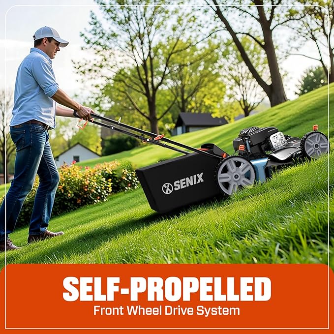 SENIX LSSG-M9 21-inch Gas Self-Propelled Lawn Mower - 140 cc 4-Cycle Briggs & Stratton Engine, Bagging, Mulching, and Side Discharge, 6-Position Lever Height Adjustment