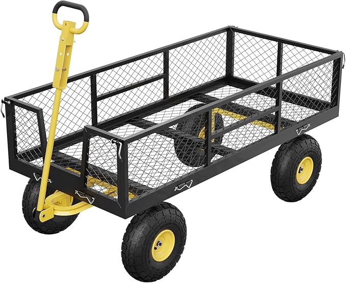 900 LBS Garden Cart on Wheels with Adjustable Handles, Heavy Duty Steel Garden Wagon with Removable Mesh Sides to Convert into Flatbed, Wagon Cart for Lawn Farm Yard, Black